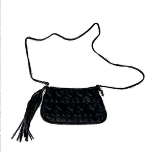Black crossbody bag with heart pattern and tassel